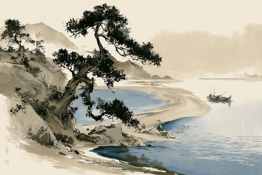 Minimalist Japanese ink painting of a coastal landscape with a pine tree and small boat