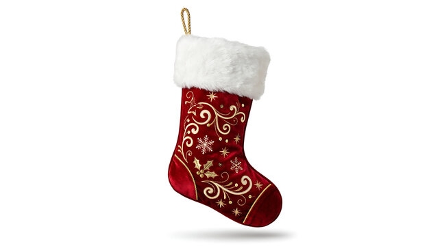 "Embroidered Red Christmas Stocking with Gold Snowflakes and Holly on white background"
