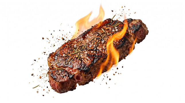 Grilled ribeye beef steak on fire with spices isolated on white background