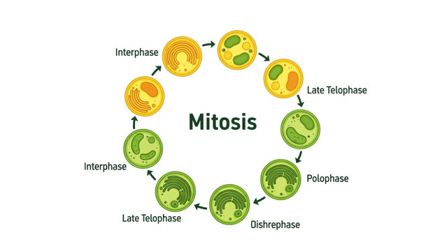 Mitosis Cell Division Cycle Diagram with circular flow showing biological stages in green and yellow, ideal for educational materials and scientific presentations.