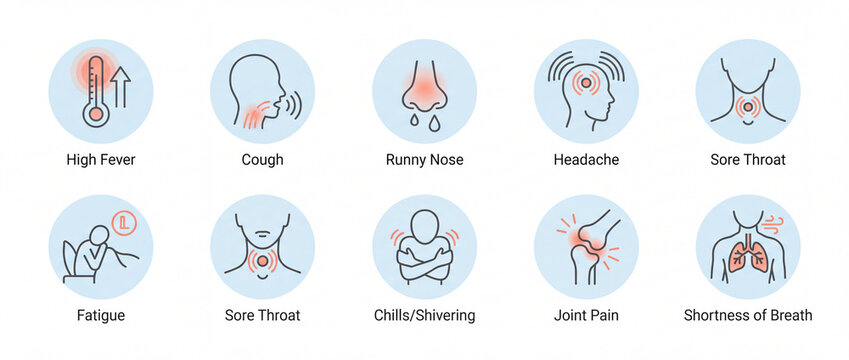Modern flu symptoms vector icon set featuring high fever, cough, runny nose, headache, sore throat, fatigue, chills, joint pain, and shortness of breath for medical infographics