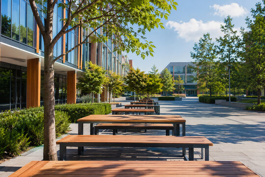 Modern university campus with contemporary academic buildings, landscaped courtyard and outdoor student seating on a sunny day