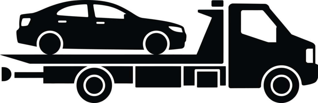 Tow truck vehicle icon carrying a car on a flatbed trailer black isolated graphic with transport silhouette roadside assistance emergency automotive recovery transportation isolated