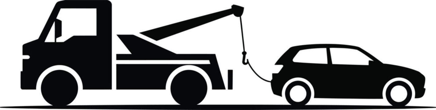Tow truck vehicle with hook and cable towing a small car black silhouette icon transport silhouette roadside assistance emergency automotive recovery transportation isolated automobile