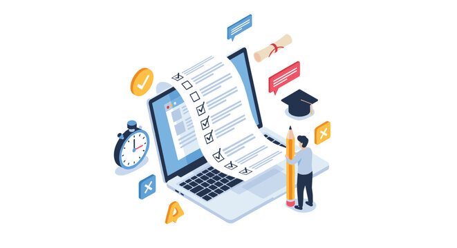 Isometric online test concept with a student marking a check list on a laptop next to a giant stopwatch.