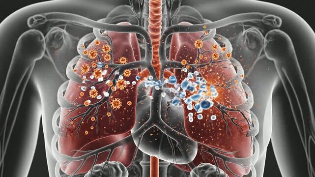 Illustrative Concept of Respiratory Virus Spread within Human Lungs in a Detailed Medical Diagram with Transparent Background