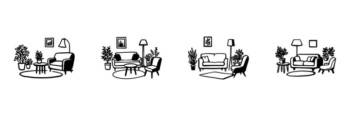 Fototapeta premium Living Room Furniture And Decor In Hand Drawn Style Set. Interior Design Doodle Sketch Collection. Home Decoration And Furnishing Ideas. Isolated Vector Illustration