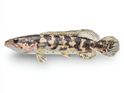 Full Length Profile Of A Speckled Freshwater Snakehead Fish Isolated On A Clean White Background