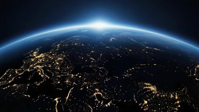 Aerial drone view of glowing city lights at night, sparkling urban landscape, cinematic nighttime cityscape