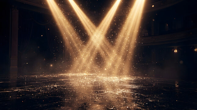 Golden Spotlight on Wet Stage: Two dramatic spotlights illuminate a wet stage floor, casting a shimmering glow as dust motes dance in the light beams, creating a magical and theatrical atmosphere.