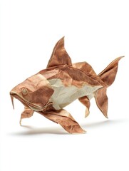 Fototapeta premium Intricate Brown Paper Origami Shark Sculpture Isolated On White Background
