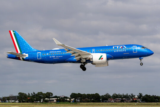 Vijfhuizen, Netherlands - June 7, 2026: Italian ITA Airways Airbus A220-300 with registration EI-TED on short final for runway 18R (Polderbaan) of Amsterdam Airport Schiphol