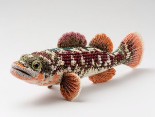 Obraz premium Intricate Knitted Fish Sculpture With Vibrant Orange And Brown Patterns Against A White Background