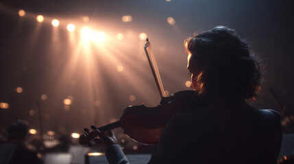 Fototapeta premium Maestro's Melody: A female violinist, bathed in dramatic stage lighting, pours her heart into a passionate solo performance with her orchestra in the background.