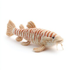 Fototapeta premium Knitted Stuffed Fish Toy With Orange And White Stripes On Isolated White Background