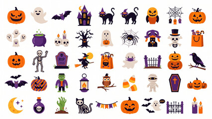 Obraz premium Front Elevation View Halloween Celebration Collection with Pumpkins Ghosts Bats Candles Haunted House Decorations and Festive Characters Vector