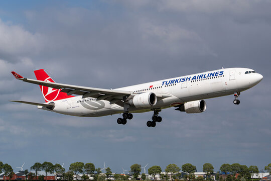 Vijfhuizen, Netherlands - June 7, 2026: Turkish Airlines Airbus A330-300 with registration TC-LNG in on short final for runway 18R (Polderbaan) of Amsterdam Airport Schiphol