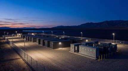 Obraz premium Battery energy storage system containers and electrical equipment installed at a large scale solar power plant at night