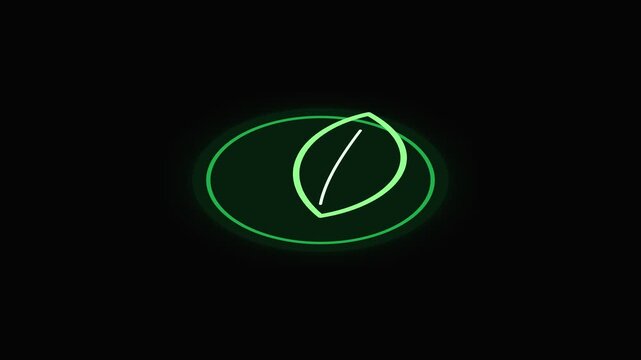 Luminous abstract green leaf design within a glowing oval, embodying digital nature and ecological concepts with a modern minimalist aesthetic on a dark background