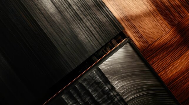 Dark wood planks interlace with polished metal pieces