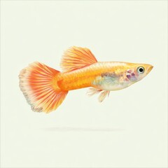 Fototapeta premium Small Bright Orange Guppy Fish Swimming Isolated On Plain Off White Background Studio Shot