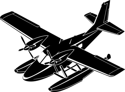 Black, twin-engine seaplane, vector illustration, aircraft icon, flying machine
