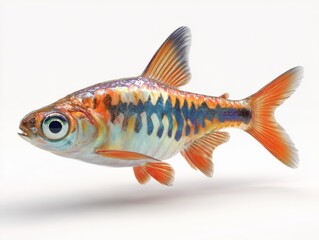 Fototapeta premium Small Orange And Blue Tropical Fish Isolated On White Background With Detailed Scale Texture