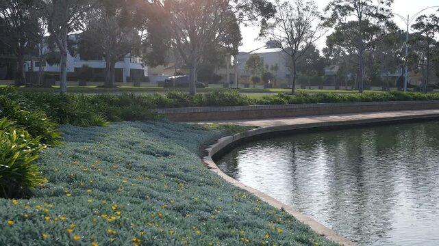 Waterfront path at Sanctuary Lakes estate in Point Cook, features lush groundcover bordering the calm lake water, modern suburban houses across the road in the soft sunlight.
