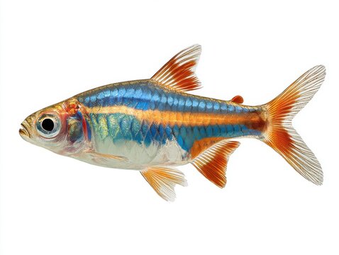 Small Neon Tetra Fish With Vibrant Blue And Red Stripes Isolated On A Plain White Background