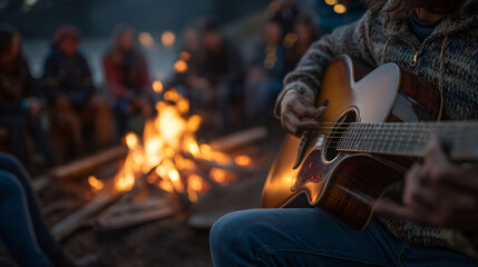 Fototapeta premium Campfire Serenade: A group of friends gather around a crackling campfire, with one person strumming an acoustic guitar, creating a warm and inviting atmosphere for a night of music and camaraderie.