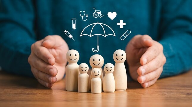 Hands protecting a group of wooden family figures with medical icons under an umbrella symbol shown 