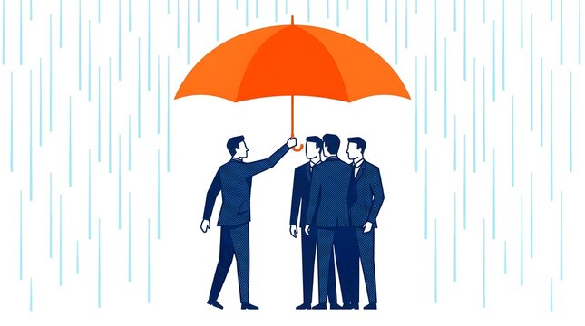 Business leader holding an orange umbrella to protect his professional team members from heavy rain falling 