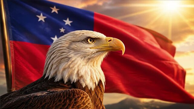 Bald eagle head close up with waving Samoa flag at sunset