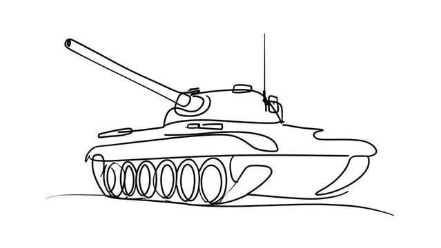 Military tank line drawing on white background.