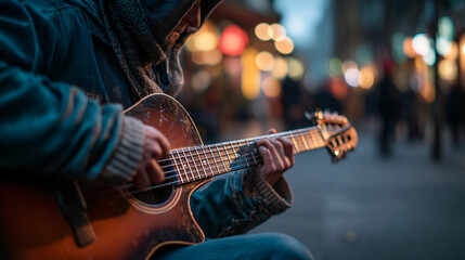 Obraz premium Street Musician's Melody: A soulful street musician plays an acoustic guitar, his fingers dancing across the frets, surrounded by the blurred bokeh of city lights, creating a poignant urban symphony.