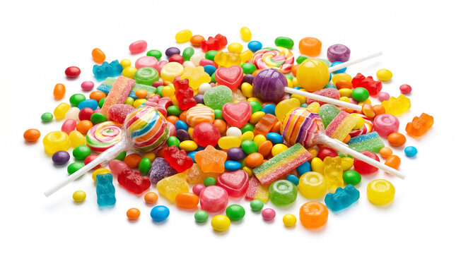 Huge pile of colorful candies, bubble gums, and wrapped sweets isolated on white background