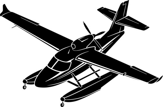 Black and white seaplane, vector airplane icon, floatplane illustration, aircraft silhouette