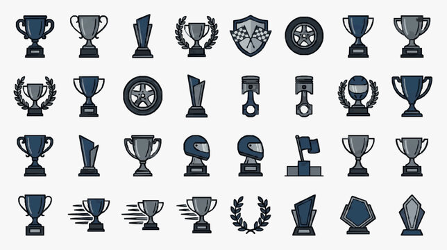 Minimalist Black White and Gray Trophy Cup Medal and Racing Icons Set with high quality professional line art symbols for modern creative design and digital branding projects