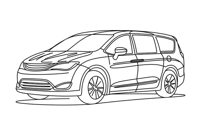Minivan line drawing on white background.