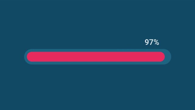 Animated motion graphics showing a red progress bar loading up to 97 percent over a transparent alpha channel background. Represents a system update, data transfer, or ongoing loading stage.