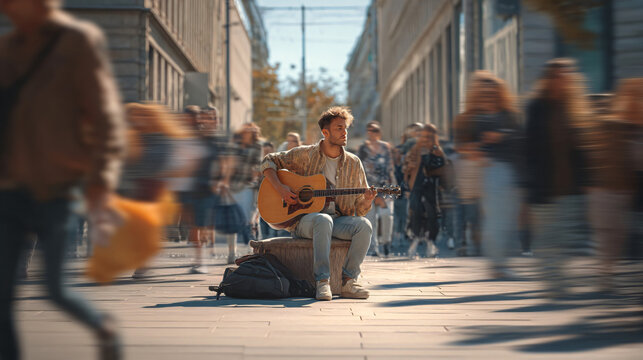 Street Musician's Serenade: A young man with a beard, playing an acoustic guitar, captivates passersby on a busy city street, his music weaving through the blurred motion of the urban crowd.