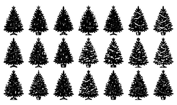 Vintage hand drawn Christmas tree sketch vector set with antique detailed holiday pine and ornaments illustration