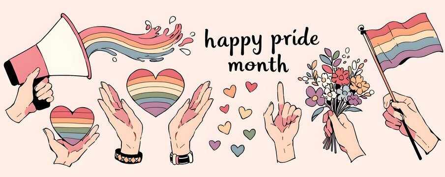Niedliche Pride Month Illustration im Doodle Stil als horizontales Banner mit Regenbogen, H&auml;nden und Megafon