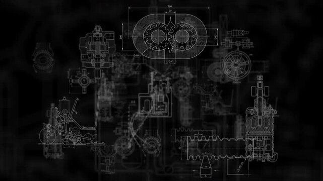 Technical mechanical drawing animation on black background