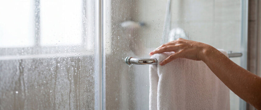 Wet hand reaching for white towel hanging on a heated chrome rail in a bright, modern bathroom with a steamy glass shower cabin, perfect for hygiene and daily morning routine concepts