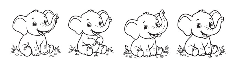 Fototapeta premium Cute baby elephant coloring page set, 4 cartoon elephant characters in different poses, black and white outline vector illustrations for kids