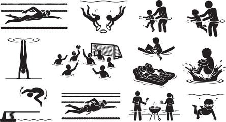 Obraz premium Beach Vacation and Water Activities Silhouette Icons Collection, Swimming, Surfing, Diving and Summer Recreation Vector