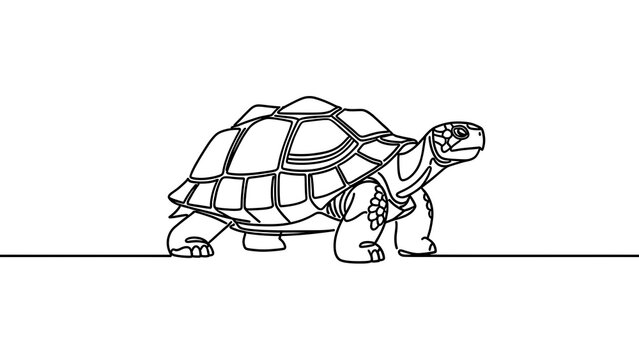 Line art tortoise walking on white background.
