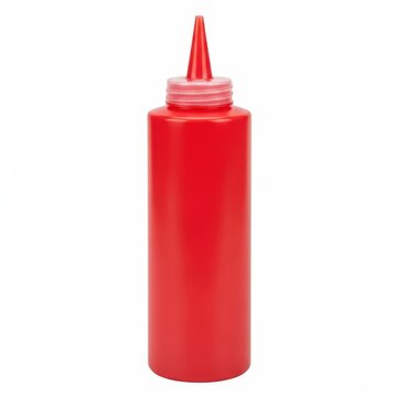 Red plastic squeeze bottle for ketchup and sauces, refillable condiment dispenser with nozzle, kitchen container isolated on white background