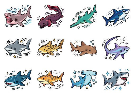 A collection of cute cartoon sharks and sea creatures swimming with sparkles and bubbles